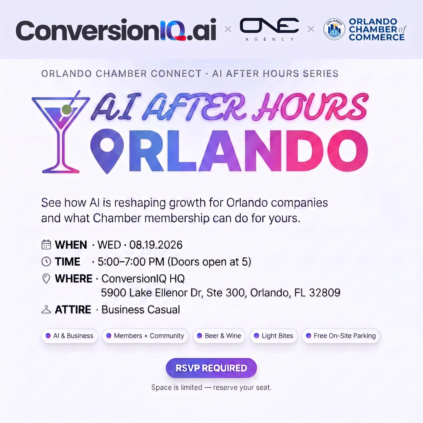 AI After Hours: Orlando event poster, hosted by ConversionIQ.ai, ONE Agency, and the Orlando Chamber of Commerce