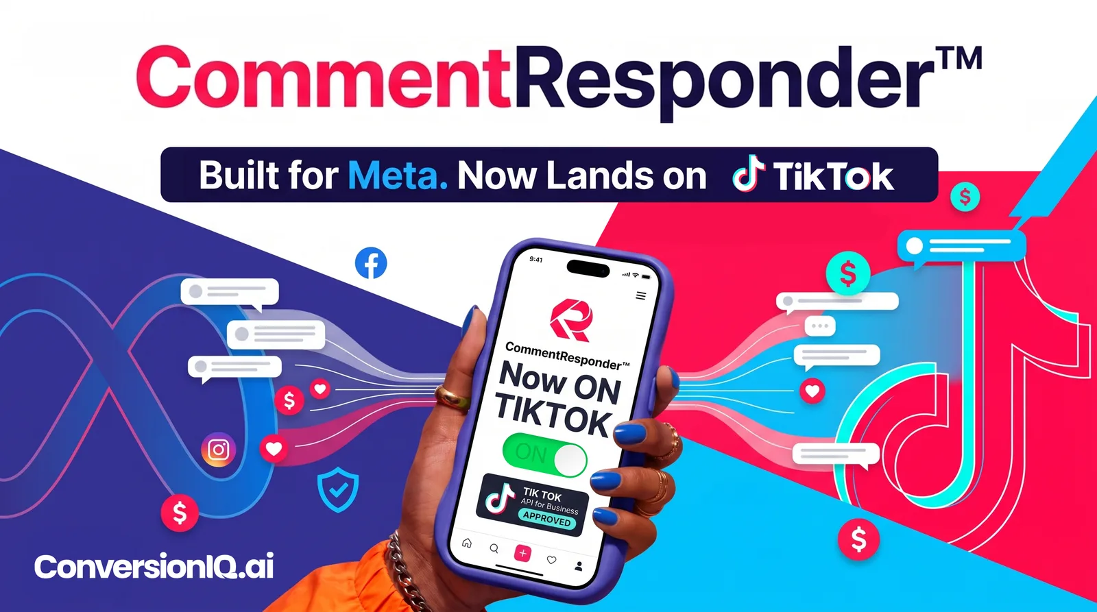 Una mano sosteniendo un teléfono que muestra CommentResponder™ activado para TikTok, con burbujas de comentarios fluyendo entre los logos de Meta y TikTok a cada lado
