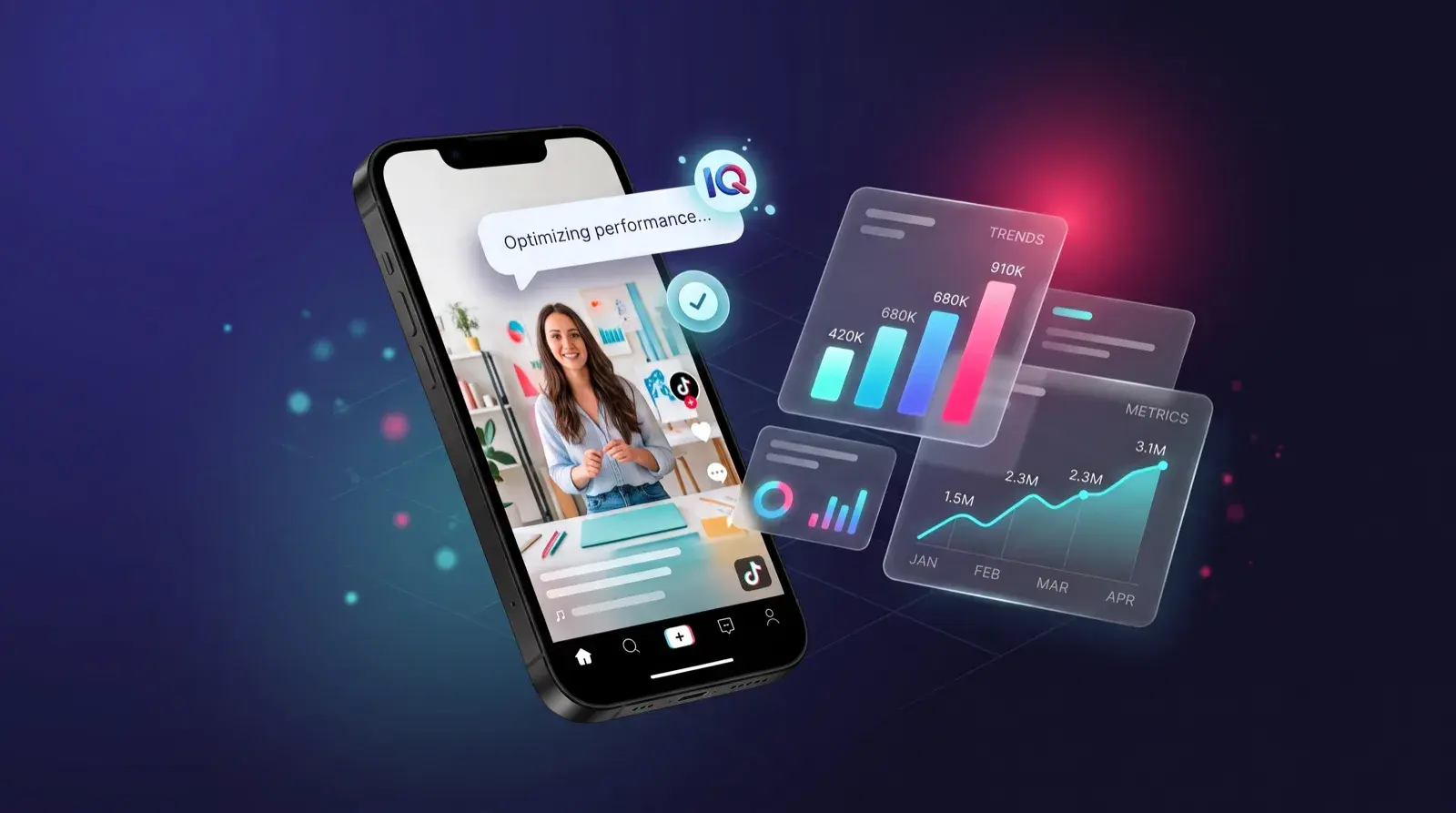 A smartphone playing a TikTok video with an AI-generated reply bubble, surrounded by floating dashboards showing engagement trends and metrics